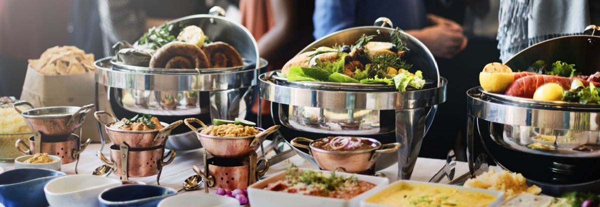 Cooked food in a chafing dish